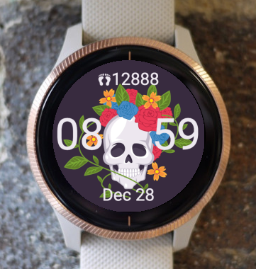 Garmin Watch Face - Halloween skull & flowers